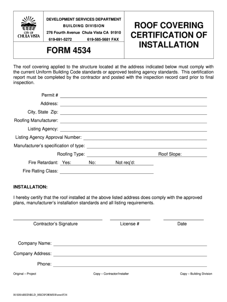 Roof Certification Form Fill Online Printable Fillable Blank