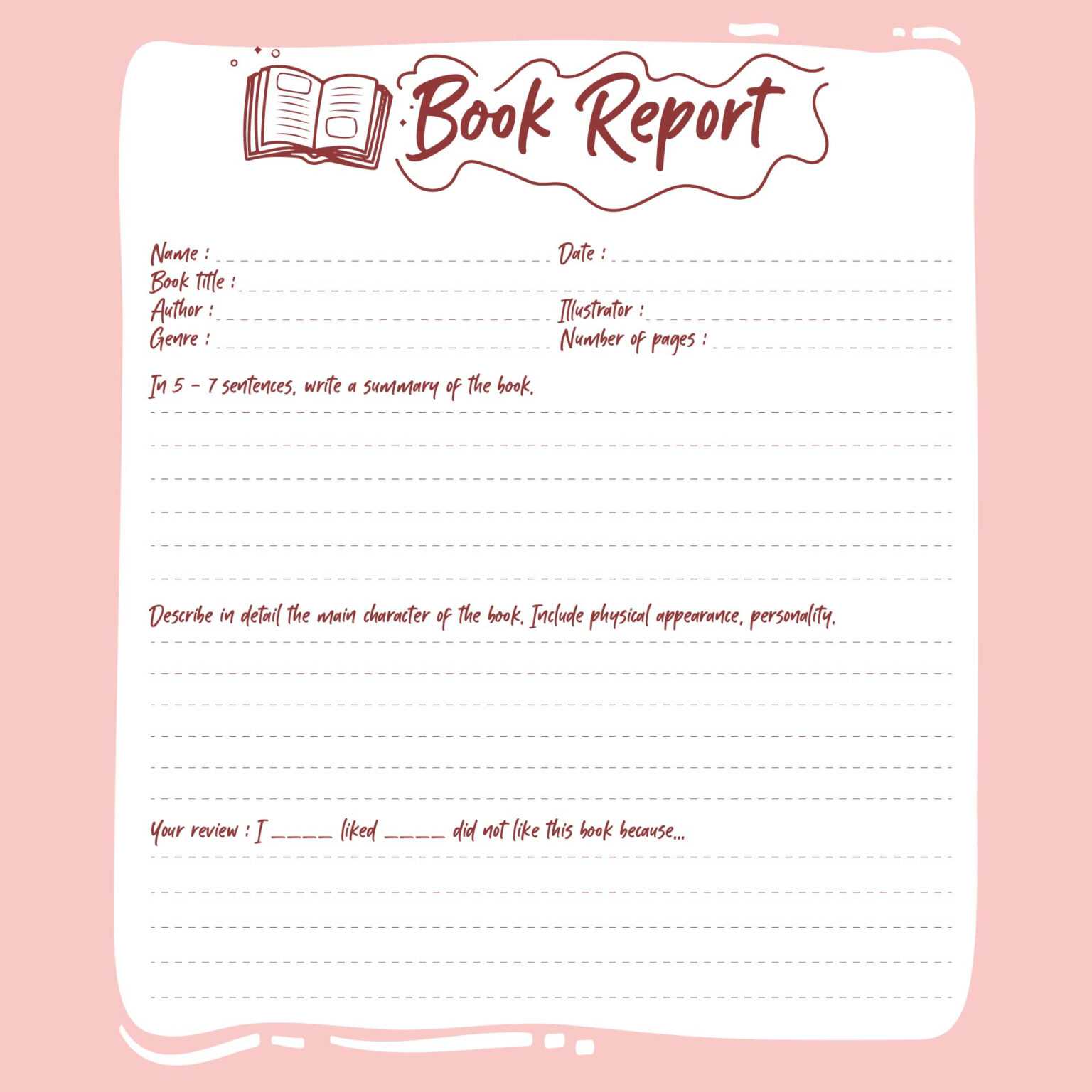 one page book report template