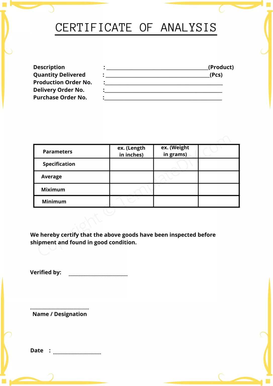 Certificate Of Manufacture Template