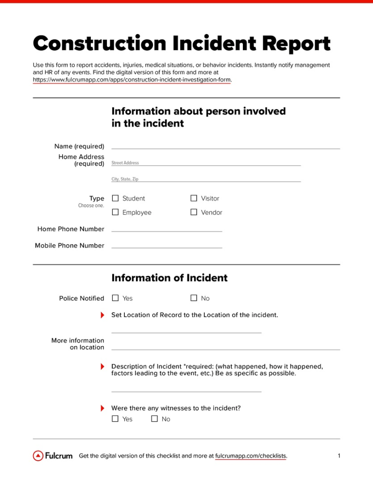 Construction Incident Investigation Form – Checklist With Construction ...