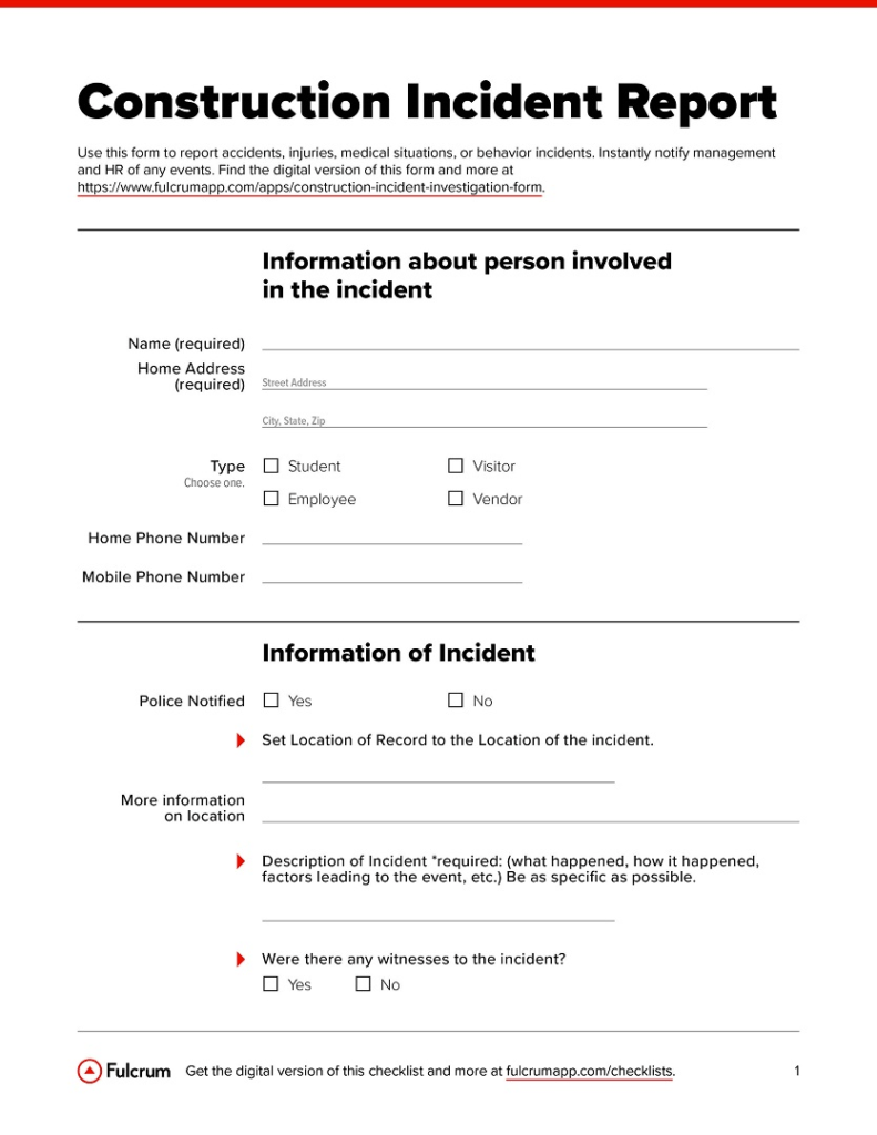 Construction Incident Investigation Form Checklist With Construction