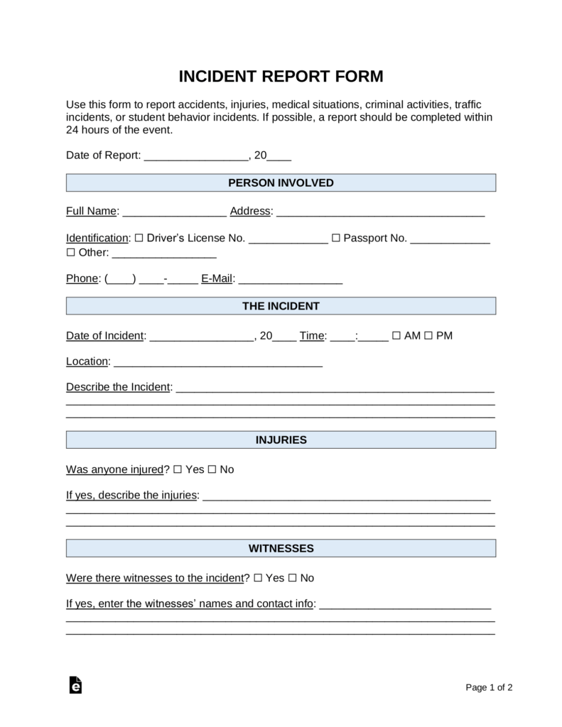 Free Incident Report Templates (10) Sample – PDF Word – EForms ...