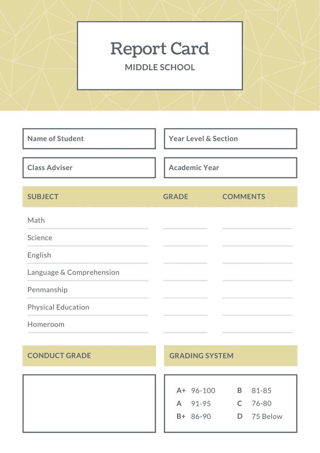 Free printable middle school report card templates Canva In School ...