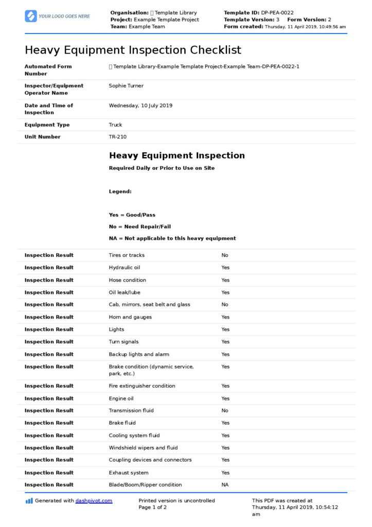 Heavy Equipment Inspection Checklist template (Free editable form) In ...