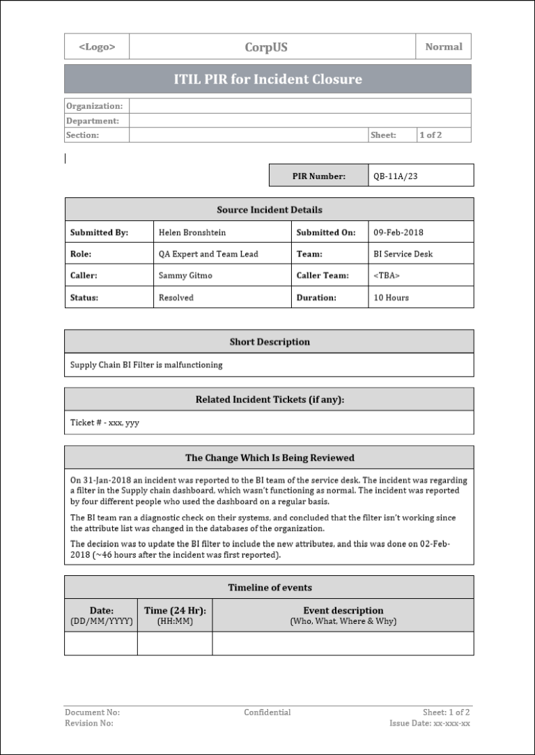 Itil Incident Report Template Free Download