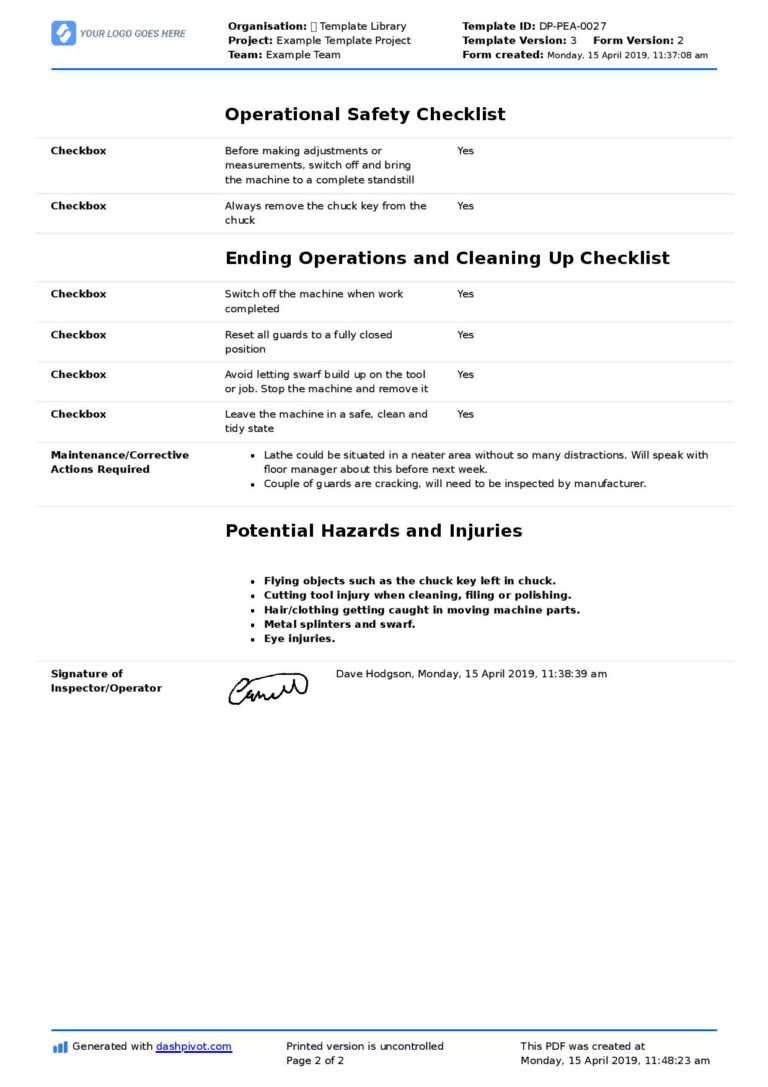 Lathe Machine Inspection Checklist Free And Flexible Template Intended For Machine Shop