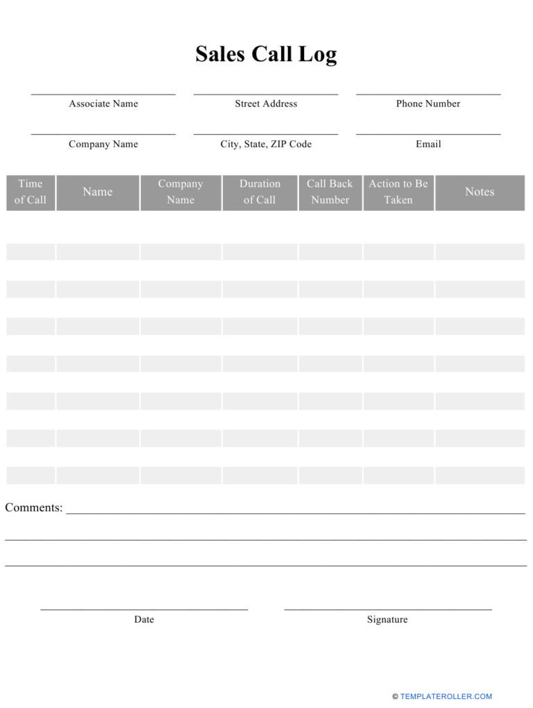 Sales Call Log Template Download Printable PDF Templateroller ...